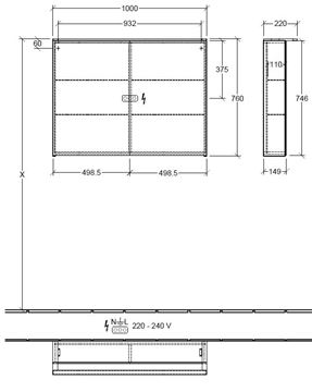 VILLEROY & BOCH VERITY DESIGN 2.0 zrcadlová skříňka 100x76x14,9 cm, osvětlení, se zvětšovacím zrcátkem, vypínačem a el. zásuvkou, Black Matt A46510VC Technický nákres