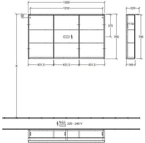 VILLEROY & BOCH VERITY DESIGN 2.0 zrcadlová skříňka 130x76x14,9 cm, osvětlení, se zvětšovacím zrcátkem, vypínačem a el. zásuvkou, Oak Nebraska A46513PJ Technický nákres