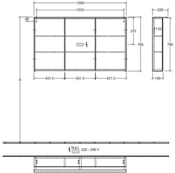 VILLEROY & BOCH VERITY DESIGN 2.0 zrcadlová skříňka 130x76x14,9 cm, osvětlení, se zvětšovacím zrcátkem, vypínačem a el. zásuvkou, Black Matt A46513VC Technický nákres