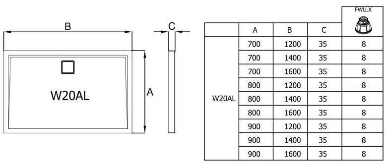 RONAL LIVADA W20AL sprchová vanička 80x120 cm, litý mramor, bez nožiček W20AL 080 120 04 Technický nákres