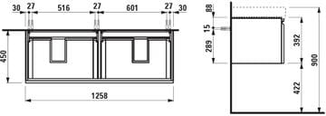 LAUFEN PRO S skříňka pod dvojumyvadlo 125,8x45x39,7 cm, 2 zásuvky, lesklá bílá H4835720964751 Technický nákres