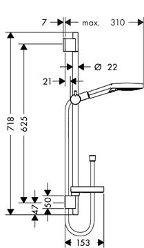 HANSGROHE RAINDANCE SELECT S 120 3JET sprchová souprava 4-dílná, ruční sprcha pr. 125 mm, 3 proudy, tyč, hadice, mýdlenka, EcoSmart, chrom 26632000 Technický nákres