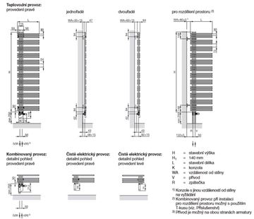 ZEHNDER YUCCA ASYM designový radiátor 1876/578, jednořadý, elektrický, levý, chrom YAECL-170-60/GD Technický nákres