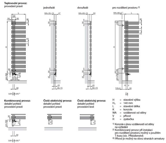 ZEHNDER YUCCA ASYM designový radiátor 1876/578, jednořadý, elektrický, levý, chrom YAECL-170-60/GD Technický nákres