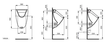 IDEAL STANDARD GOLF pisoár, zadní přívod vody V553801 Technický nákres