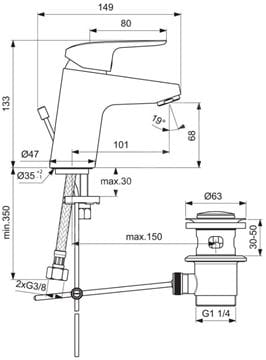 IDEAL STANDARD CERAFLEX umyvadlová stojánková baterie, s odtokovou soupravou, chrom B1708AA Technický nákres