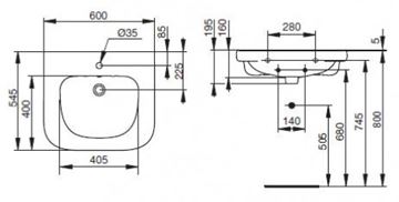 IDEAL STANDARD CONTOUR 21 bezbariérové umyvadlo 60 cm, s otvorem pro baterii a přepadem S238901 Technický nákres