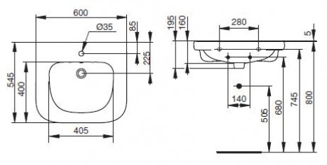 IDEAL STANDARD CONTOUR 21 bezbariérové umyvadlo 60 cm, s otvorem pro baterii a přepadem S238901 Technický nákres