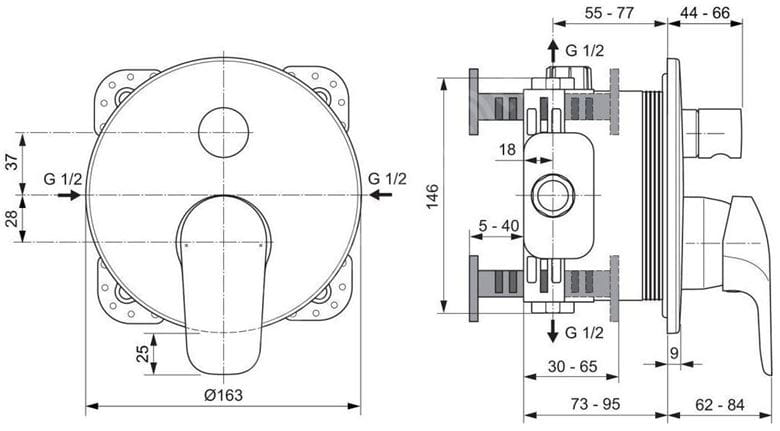 IDEAL STANDARD CERAFLEX vanová podomítková baterie, s přepínačem, chrom A6725AA Technický nákres