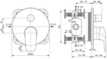 IDEAL STANDARD CERAFLEX vanová podomítková baterie, s přepínačem, chrom A6725AA Technický nákres