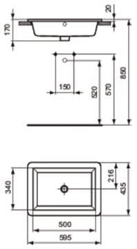 IDEAL STANDARD STRADA umyvadlo 59,5 cm, s přepadem K078001 Technický nákres