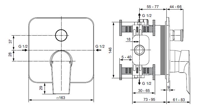 IDEAL STANDARD TESI vanová podomítková baterie, s přepínačem, chrom A6586AA Technický nákres