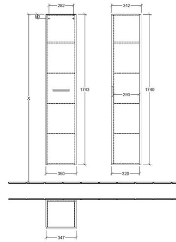 VILLEROY & BOCH VERITY DESIGN 2.0 vysoká skříňka 35x34,2x174,3 cm, 1 dvířka, panty vpravo, Oak Nebraska B07901PJ Technický nákres
