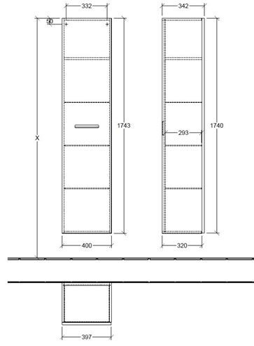 VILLEROY & BOCH VERITY DESIGN 2.0 vysoká skříňka 40x34,2x174,3 cm, 1 dvířka, panty vlevo, Oak Nebraska B08100PJ Technický nákres