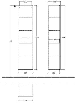 VILLEROY & BOCH VERITY DESIGN 2.0 vysoká skříňka 40x34,2x174,3 cm, 1 dvířka, panty vpravo, Oak Nebraska B08101PJ Technický nákres