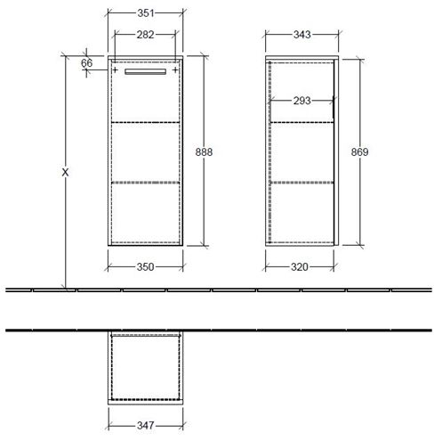 VILLEROY & BOCH VERITY DESIGN 2.0 nízká skříňka 35x34,3x88,8 cm, 1 dvířka, panty vlevo, Oak Kansas B08000RH Technický nákres