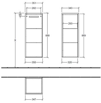 VILLEROY & BOCH VERITY DESIGN 2.0 nízká skříňka 35x34,3x88,8 cm, 1 dvířka, panty vlevo, Oak Kansas B08000RH Technický nákres
