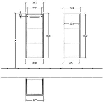 VILLEROY & BOCH VERITY DESIGN 2.0 nízká skříňka 35x34,3x88,8 cm, 1 dvířka, panty vlevo, Black Matt B08000VC Technický nákres