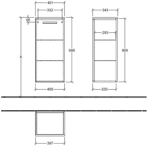 VILLEROY & BOCH VERITY DESIGN 2.0 nízká skříňka 40x34,3x88,8 cm, 1 dvířka, panty vpravo, Oak Nebraska B08201PJ Technický nákres