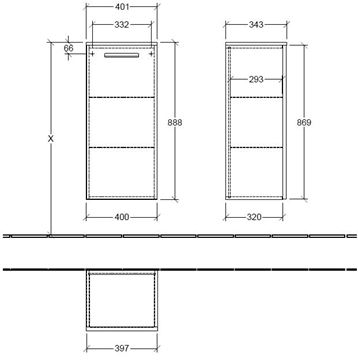 VILLEROY & BOCH VERITY DESIGN 2.0 nízká skříňka 40x34,3x88,8 cm, 1 dvířka, panty vpravo, Oak Nebraska B08201PJ Technický nákres