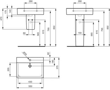 IDEAL STANDARD CONNECT CUBE umyvadlo 55 cm, s otvorem pro baterii, bez přepadu E811301 Technický nákres