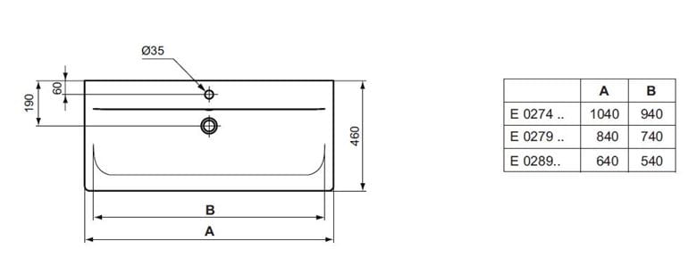 IDEAL STANDARD CONNECT AIR umyvadlo 64 cm, s otvorem pro baterii a přepadem E028901 Technický nákres