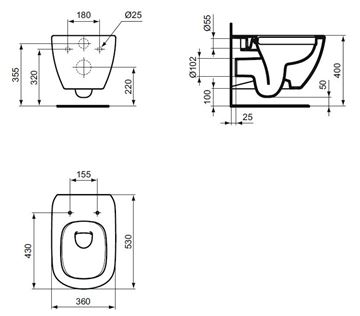 IDEAL STANDARD TESI závěsné WC, Rimless splachování T350301 Technický nákres