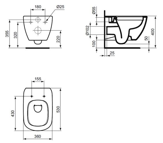 IDEAL STANDARD TESI závěsné WC, Rimless splachování T350301 Technický nákres