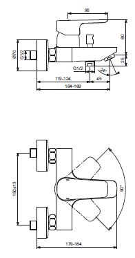 IDEAL STANDARD CERAPLAN III vanová nástěnná baterie, s přepínačem, chrom B0718AA Technický nákres