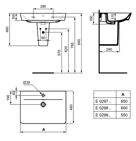 IDEAL STANDARD CONNECT AIR umyvadlo 60 cm, s otvorem pro baterii a přepadem E029801 Technický nákres