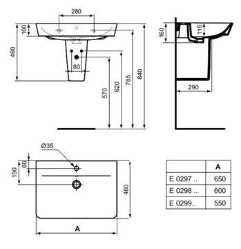 IDEAL STANDARD CONNECT AIR umyvadlo 60 cm, s otvorem pro baterii a přepadem E029801 Technický nákres