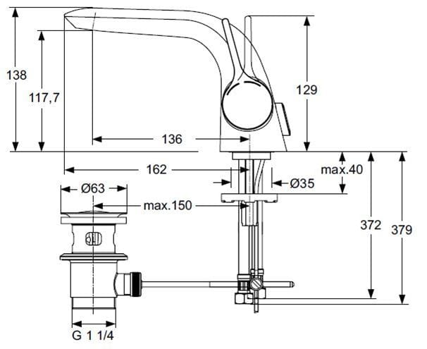 IDEAL STANDARD MELANGE umyvadlová stojánková baterie, s odtokovou soupravou, chrom A4260AA Technický nákres