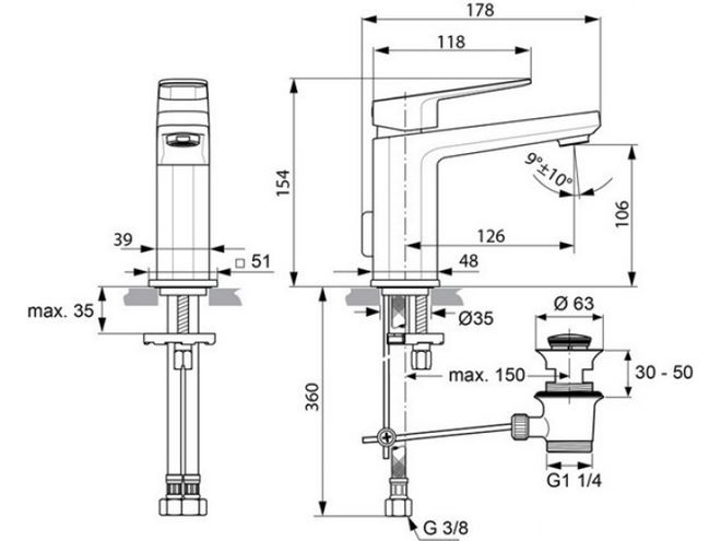 IDEAL STANDARD TONIC II umyvadlová stojánková baterie, s odtokovou soupravou, chrom A6326AA Technický nákres