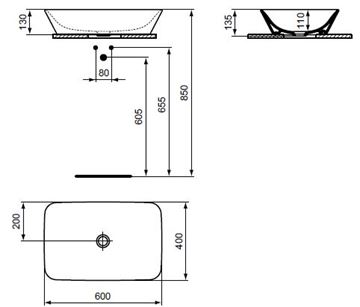 IDEAL STANDARD CONNECT AIR umyvadlová mísa 60 cm, bez přepadu E034801 Technický nákres