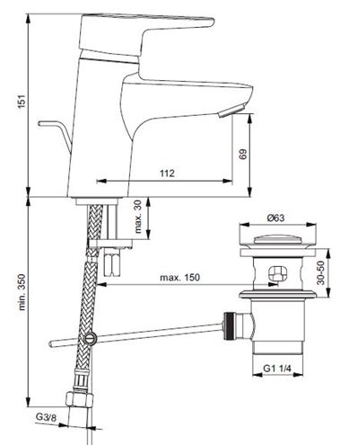 IDEAL STANDARD CONNECT BLUE umyvadlová stojánková baterie, s odtokovou soupravou, chrom B9936AA Technický nákres