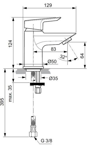 IDEAL STANDARD TESI PICCOLO umyvadlová stojánková baterie, chrom A6568AA Technický nákres