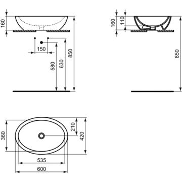 IDEAL STANDARD STRADA O umyvadlová mísa 60 cm, bez přepadu K078401 Technický nákres