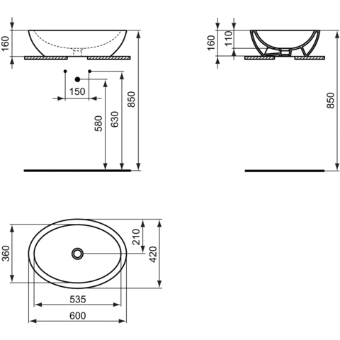 IDEAL STANDARD STRADA O umyvadlová mísa 60 cm, bez přepadu K078401 Technický nákres