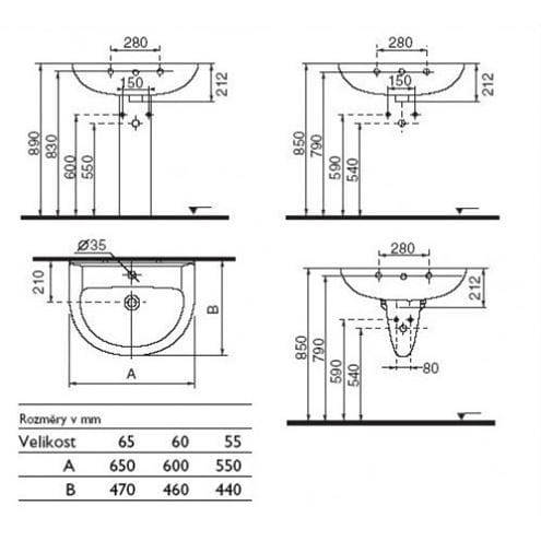 IDEAL STANDARD EUROVIT umyvadlo 55 cm, s přepadem W332701 Technický nákres