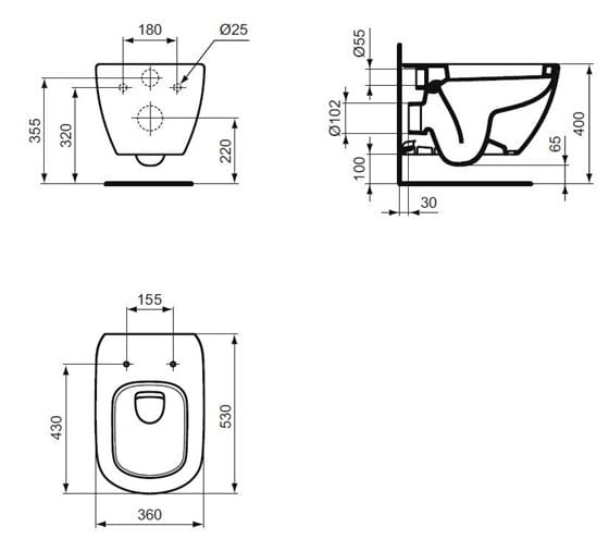 IDEAL STANDARD TESI závěsné WC T007801 Technický nákres