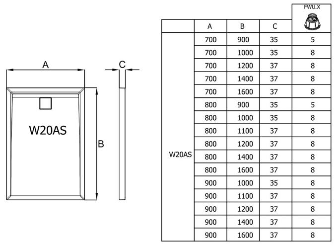 RONAL LIVADA W20AS sprchová vanička 80x100 cm, litý mramor, bez nožiček W20AS 080 100 04 Technický nákres