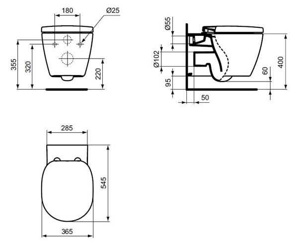 IDEAL STANDARD CONNECT závěsné WC, AquaBlade splachování E047901 Technický nákres