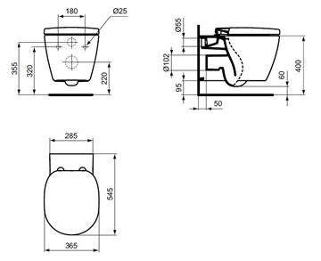 IDEAL STANDARD CONNECT závěsné WC, AquaBlade splachování E047901 Technický nákres