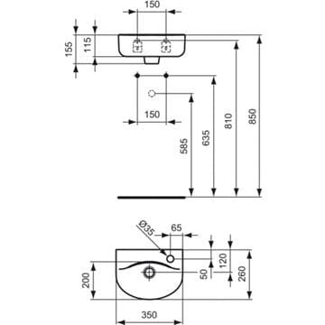 IDEAL STANDARD CONNECT ARC umývátko 35 cm, s otvorem pro baterii vpravo a přepadem E791301 Technický nákres