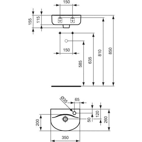 IDEAL STANDARD CONNECT ARC umývátko 35 cm, s otvorem pro baterii vpravo a přepadem E791301 Technický nákres
