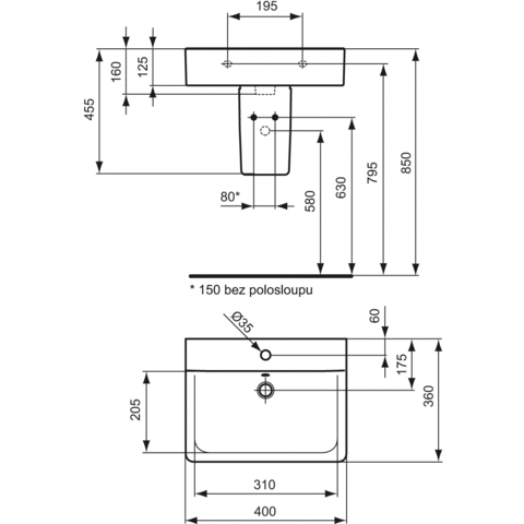 IDEAL STANDARD CONNECT CUBE umývátko 40 cm, s otvorem pro baterii a přepadem E713701 Technický nákres