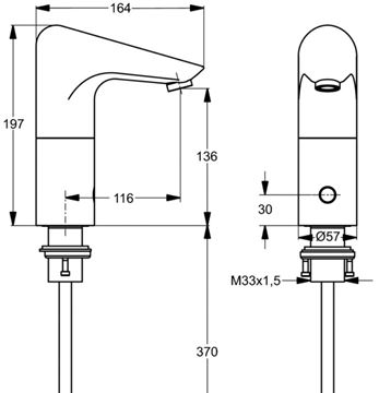 IDEAL STANDARD CERAPLUS umyvadlová senzorová baterie s přednastavenou teplotou, napájení ze sítě, chrom A4153AA Technický nákres