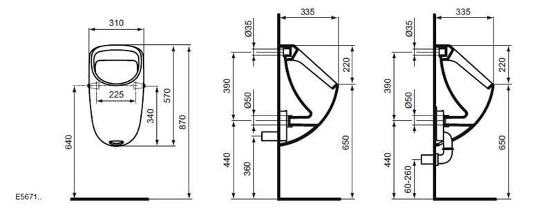 IDEAL STANDARD CONNECT pisoár, zadní přívod vody E567101 Technický nákres