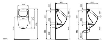 IDEAL STANDARD CONNECT pisoár, zadní přívod vody E567101 Technický nákres