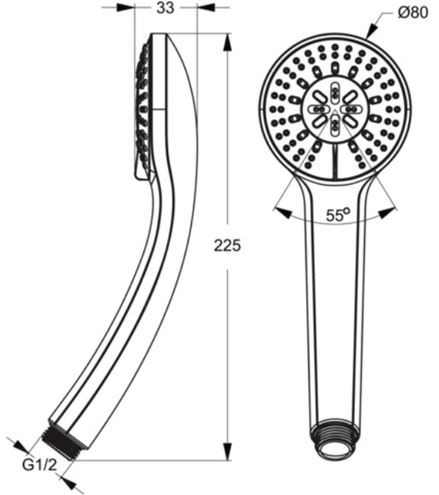 IDEAL STANDARD IDEALRAIN S3 ruční sprcha pr. 80 mm, 3 proudy, chrom B9401AA Technický nákres